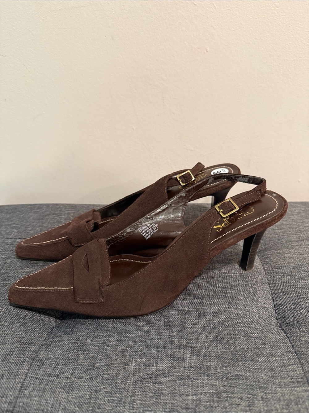 Chaps Brown Suede Pointed-Toe Slingback Heels Size 8